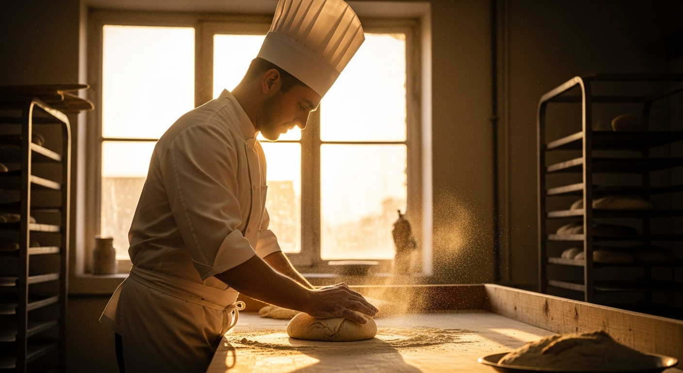 Maître artisan boulanger pétrissant la pâte selon les techniques traditionnelles françaises