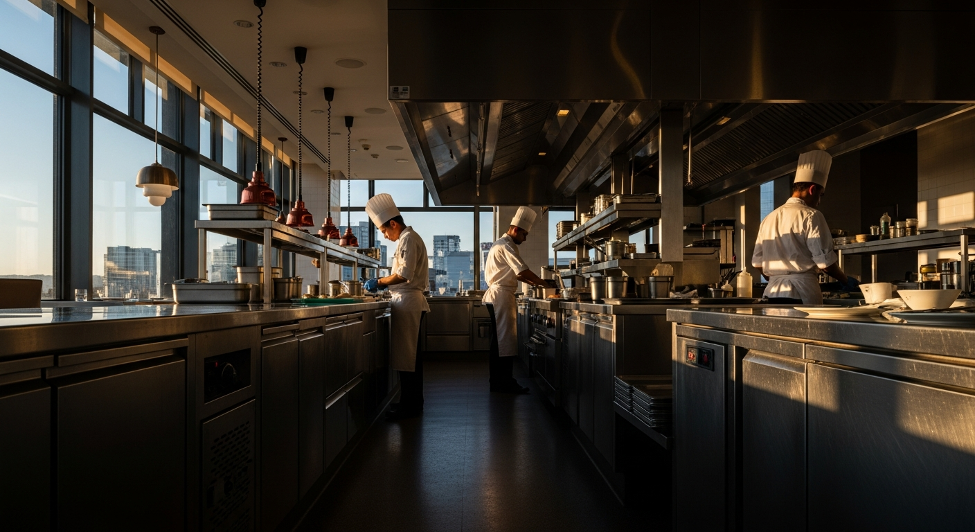 Intérieur raffiné de restaurant Restauration métier de bouche avec cuisine ouverte et métiers de bouche